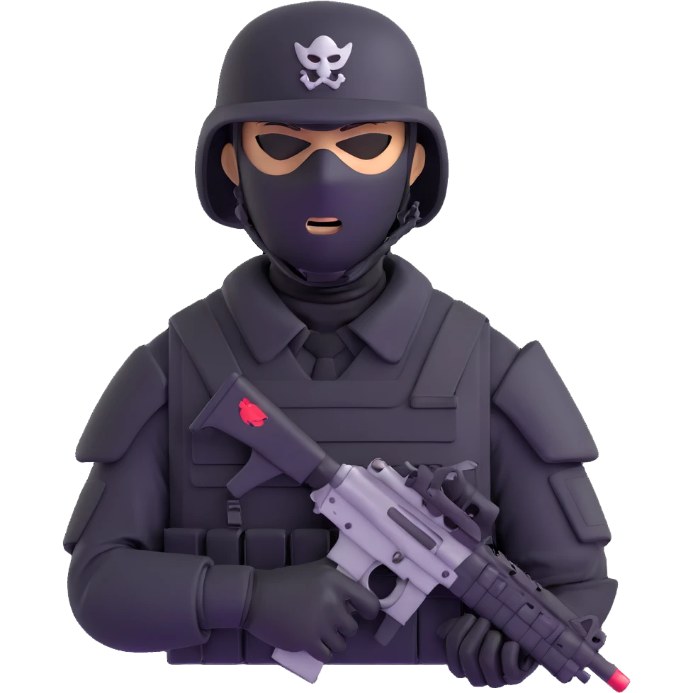 armed figure in all-black military clothing, shiesty mask, and helmet emoji