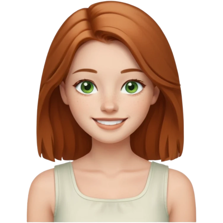 emoji of a woman named Freya McOmish, smiling, green eyes, long light brown hair, subtle freckles, modern casual style, broad shoulders, wearing a white sleeveless square neck top emoji