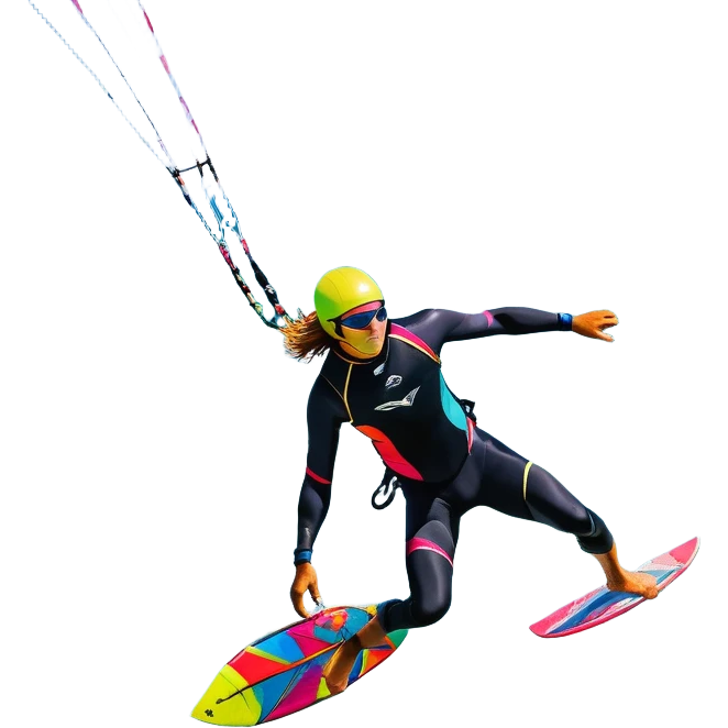 A vibrant kite soaring high in the sky, attached to a kiteboarder riding the waves below. The scene is filled with bright colors, capturing the energy of the sport. The background features the ocean, wind-blown waves, and a clear sky, showcasing the excitement and freedom of kiting. emoji