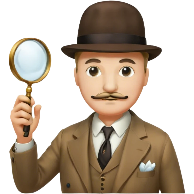 A cinematic-style frame showing Hercule Poirot in his iconic suit, with a magnifying glass, in a dramatic detective pose. Background should be dimly lit with an air of mystery, reflecting the atmosphere of a classic detective film. Transparent background. emoji