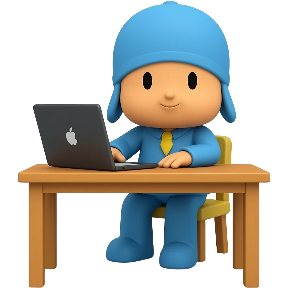 Genera un personaje de  POCOYO de cuerpo completo sentado en un escritorio con una laptop emoji