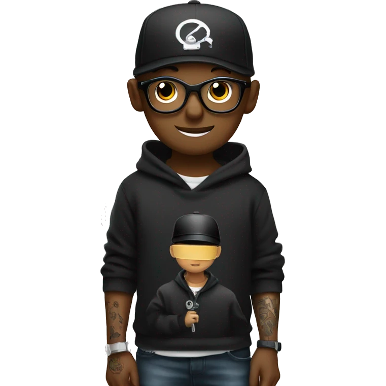 black cap, black hoodie and glasses boy  holding an tattoo machine emoji
