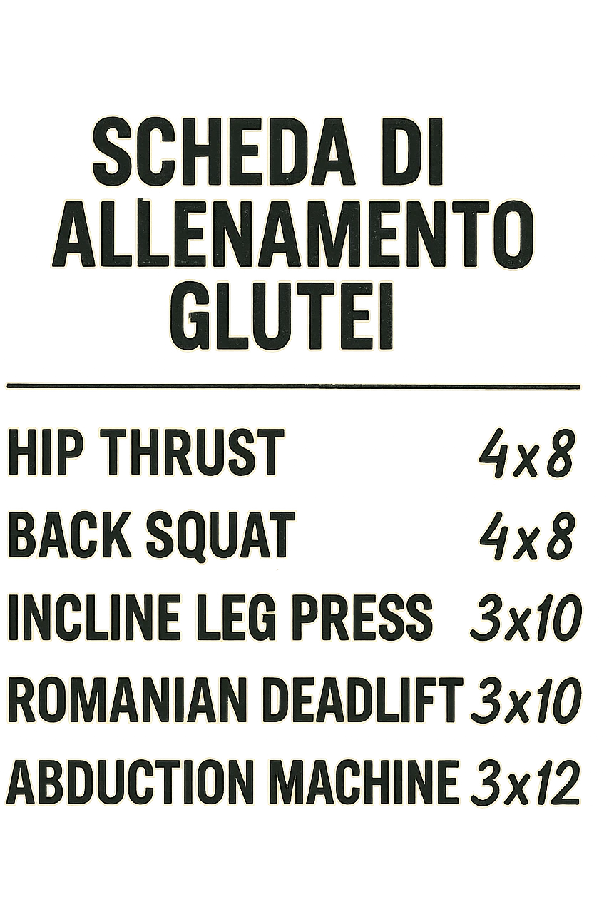 scheda di allenamento glutei in italiano con le reps scritte (tipo 4x8 ecc), iperrealistico 4k emoji
