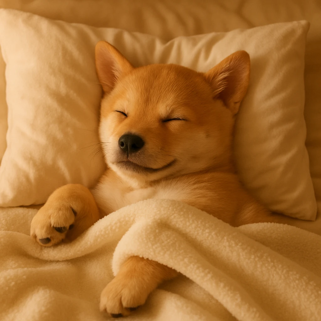 an adorable animal sleeping in a comfy bed, peaceful and warm atmosphere, soft and cozy emoji