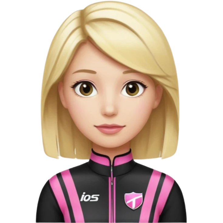 blonde woman with black racing outfit with pink strips emoji