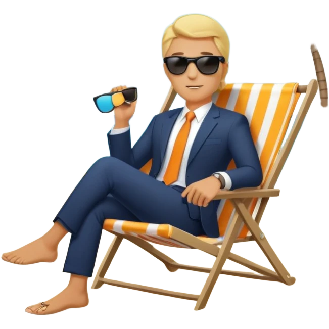 blonde businessman in suit sitting in beach chair on vacation, tropical beach emoji
