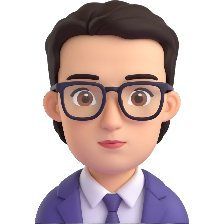 a dark-haired guy with hair to his earlobes, square glasses, brown eyes emoji