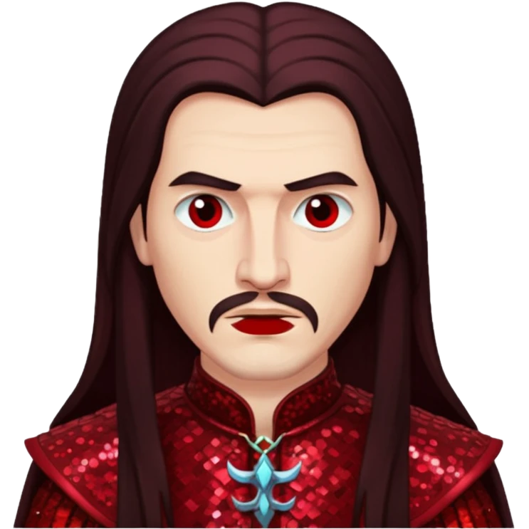 Vlad Tepes with long dark brown hair, dark red sequin outfit emoji