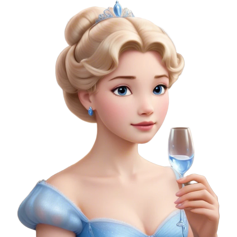 Cinematic Realistic Cinderella Portrait, depicted with lifelike skin texture, subtle rosy undertones, and soft natural lighting that enhances the gentle contours of her face. Her intricately detailed golden blonde hair is elegantly styled in an updo, with delicate wisps framing her face. Her deep, expressive blue eyes radiate warmth and sincerity, reflecting a quiet resilience and grace. She holds a glass slipper gently in one hand, her other hand resting gracefully at her side, emphasizing the timeless beauty of the moment. She is dressed in her iconic ball gown, the fabric shimmering with intricate embroidery and fine translucent layers that catch the light beautifully. The soft sheen of satin gloves adds a magical touch to her graceful pose. The portrait features an enchanting glow with a natural, luminous finish, seamlessly blending realism and fairytale charm to evoke a sense of depth, elegance, and timeless beauty. emoji