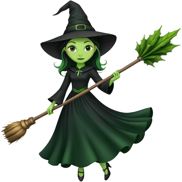 Elphaba on a broom flying emoji