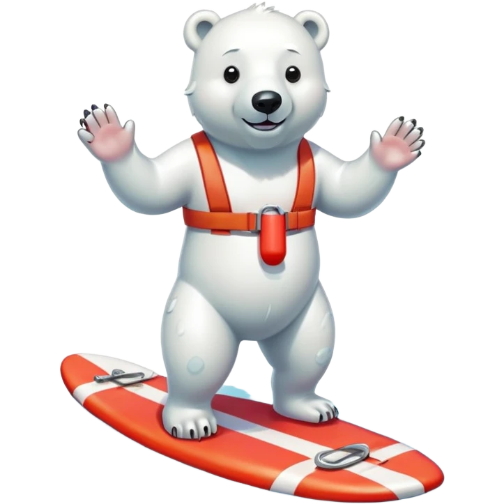 full body friendly anthropomorphised polar bear smiling, wearing colorful swim suit and long board shorts below the knee, scuba goggles, holding red and white life buoy, standing in small puddle emoji