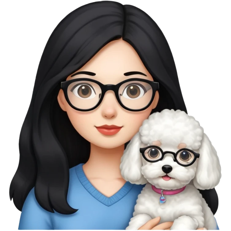 A girl with long black hair and glasses holding a bichon and a white devon emoji
