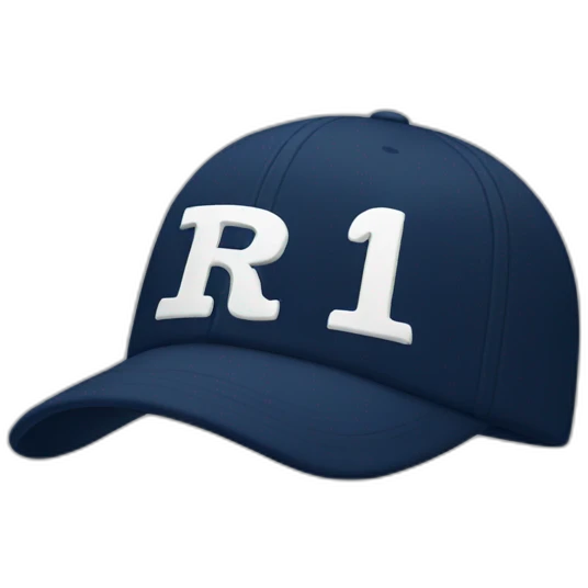 a navy baseball cap with a white letter R on the front emoji