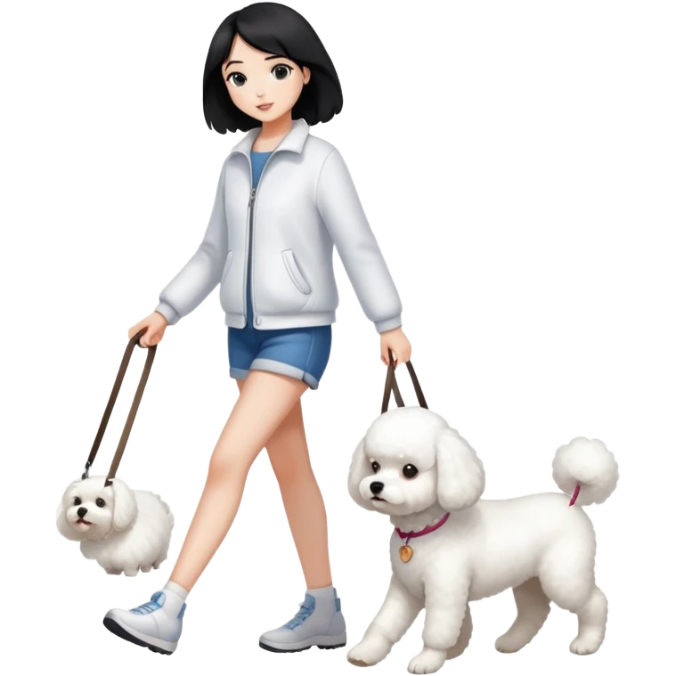 A beautiful black-haired girl walking a white Bichon Frise dog emoji