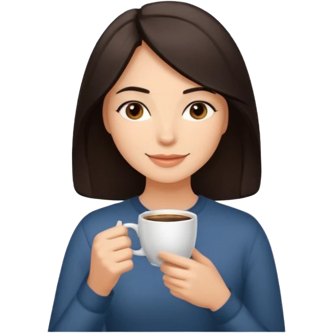 Calm and confident woman with dark shoulder-length hair, warm skin tone, soft features. Sitting by a window, peacefully sipping coffee with a gentle smile. Relaxed, natural vibe. emoji