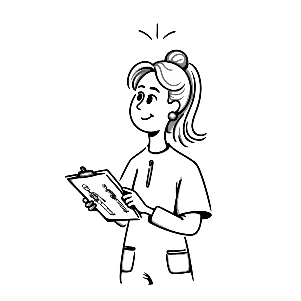 blonde female physical therapist with ponytail, thoughtful expression, wearing scrubs emoji