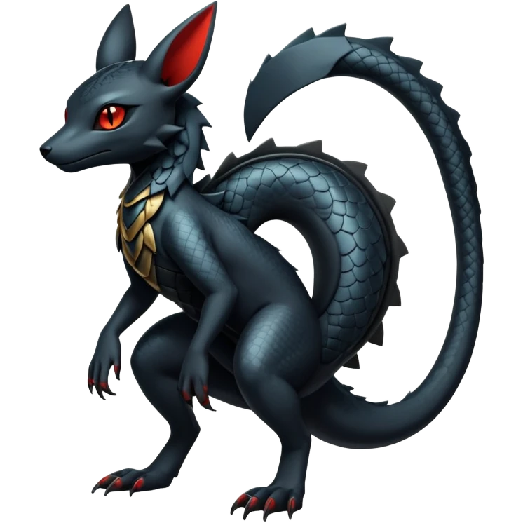 Sophisticated Modern Gothic Gloomy Futuristic Scaly Cyber-Salandit-Umbreon-Litten-Hybrid (Full body) emoji