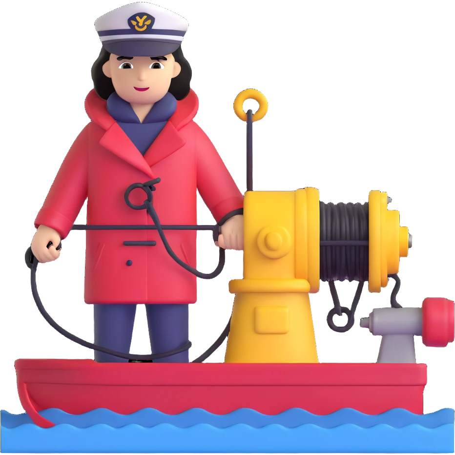 Close-up of sailor in raincoat operating winch to retrieve sediment samples from rough sea emoji