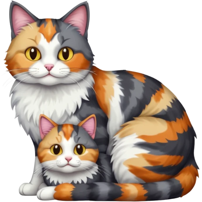 full body colourful light patched calico + white tabby cat cuddling a large dark grey and white tabby cat  emoji