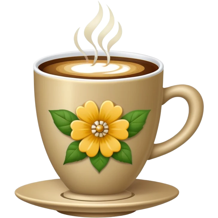 Cinematic Realistic sophisticated cup filled with khaki coffee with flower ornament emoji