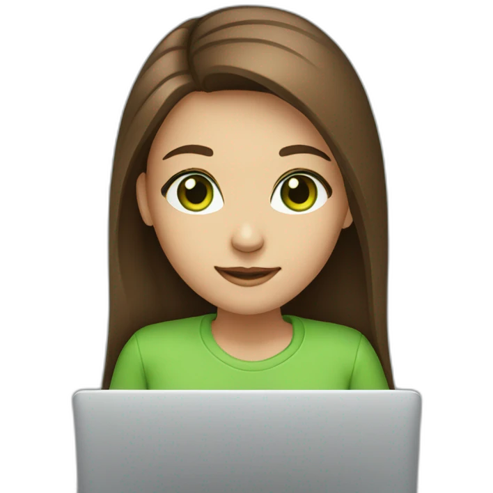 girl with long brown hair, green eyes, with laptop emoji