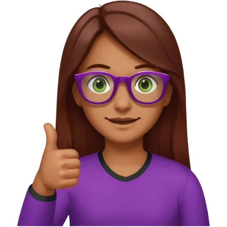 Red shirt, long brown hair, green eyes, purple glasses, thumbs up emoji