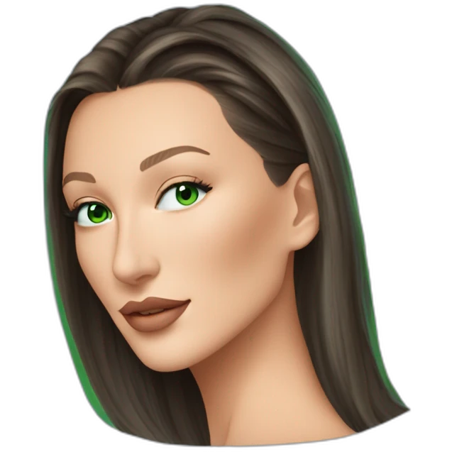 Bella hadid avec des cheveux chatin et un reflet soleil sur le devant de ses cheveux et au yeux vert bleu emoji
