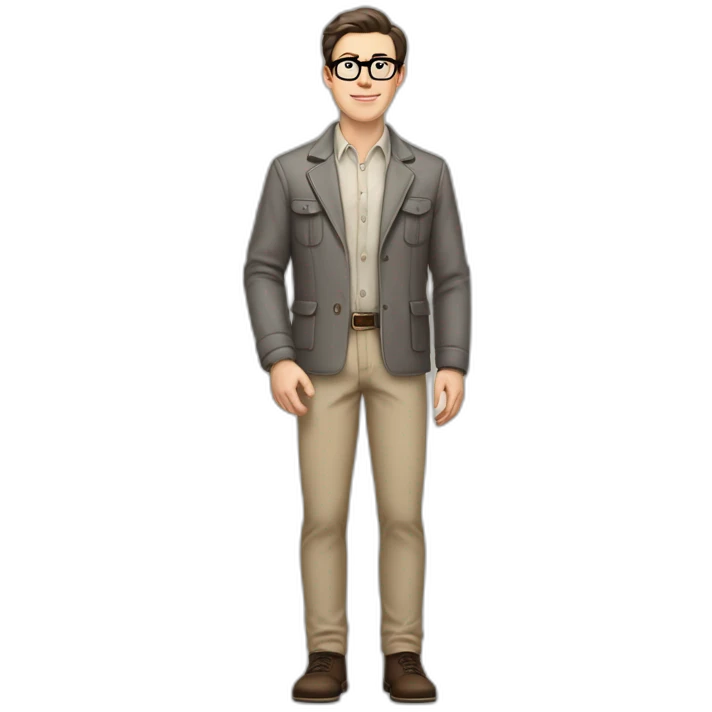 Full height Pale skinned Fit Man With dark brown hair in gray classic jacket, beige office shirt, Brown pants and vintage glasses. Thrumbs of his palms upwards emoji