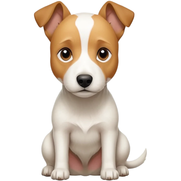 a full body facing front on of a buff white parson russell terrier looking dog the size of a kelpie with light brown long ears resting on its face and a light brown patch on one eye and a large snout. the rest of the dog is completely white.  emoji