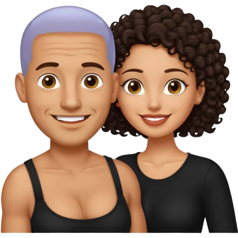 A picture of a sexy tanned couple. the man is Mexican, with a bald hair cut and a black shirt. the woman is mixed, she has curly longer dark brown hair,  she has glasses only, and with big boobs. Take the glasses of the man emoji