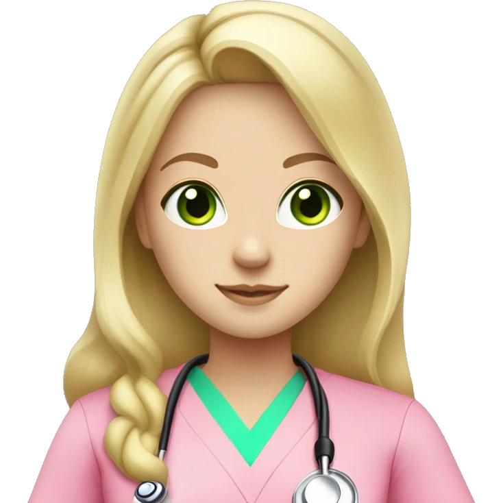 pale blonde girl with long hair and green eyes wearing pink scrubs and stethoscope  emoji