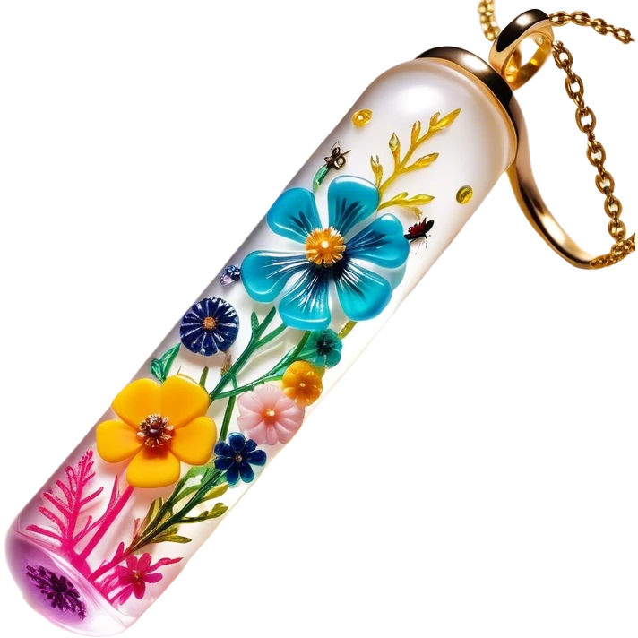 Create an icon that represents decorative arts using epoxy resin. The design should feature colorful tubes of resin, including fluorescent resin tubes, with visible drops or strokes of resin being applied to create intricate designs. Include finished resin jewelry pieces, such as pendants or rings, containing preserved flowers and insects encased in clear resin. The composition should feel vibrant, artistic, and delicate, showcasing the unique beauty of resin art with natural elements. The background should be transparent emoji