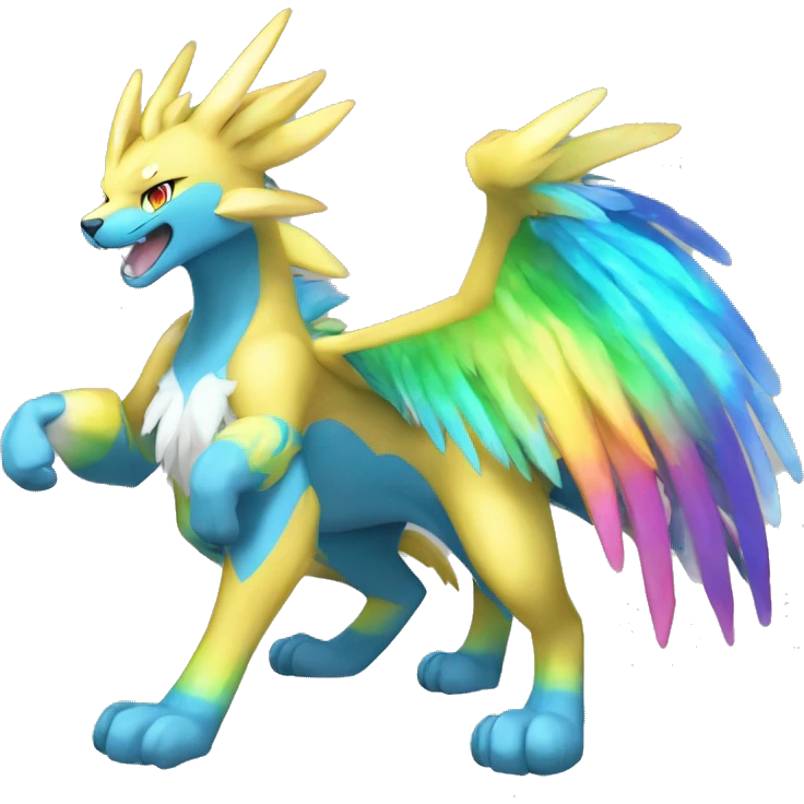 Celestial Powerful Rainbow-Crystallic Colorful Vibrant Colors Flying Advanced Zeraora-Aurorus-Fakémon-Legendary-Pokémon-Creature Full Body emoji