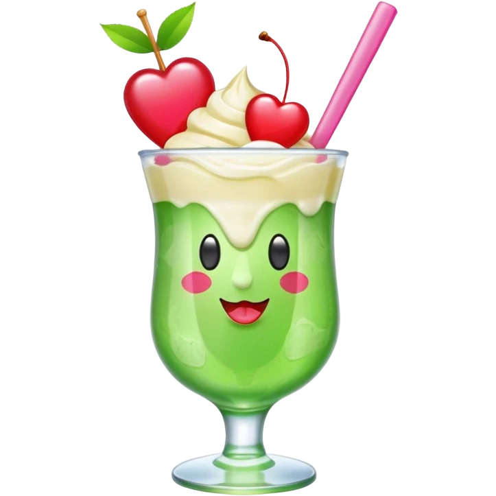 clear emoji-style of a green soda float with ice, vanilla ice cream scoop, two red cherries, pink heart-shaped straw, simple shapes, bright colors, glossy, kawaii style, centered, transparent background
 emoji