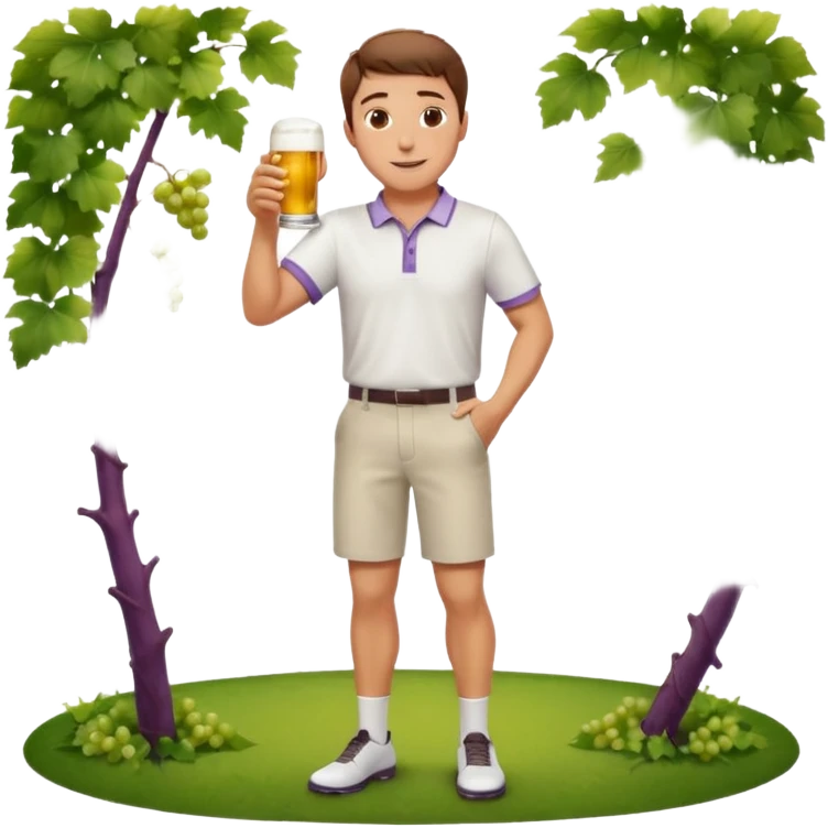 Handsome. Male. Happy. Brown short hair. Wearing white golf shirt and shorts. Drinking beer. Cheersing. Full body. Grape vines background  emoji