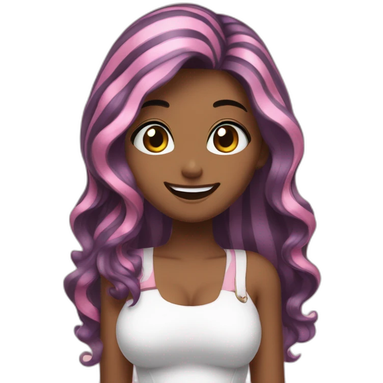 women with black Pink striped hair, a long long hair, pink eyes,korean, She raises a thumbs up, nervous, and smiles, She is wearing a short white dress, she is 18 years old  emoji