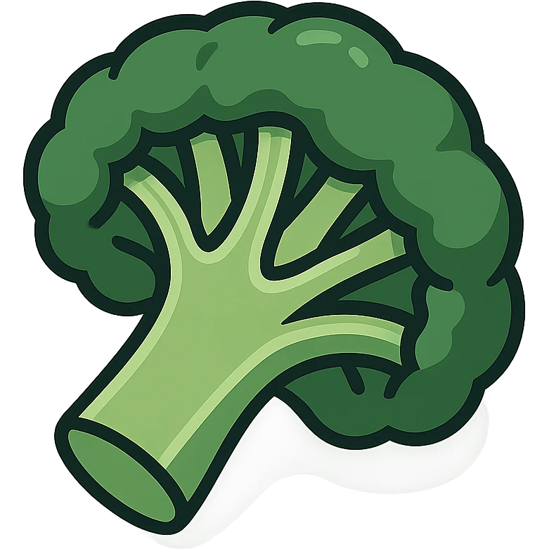 a broccoli floret cut in half, 2D isometric illustration style emoji