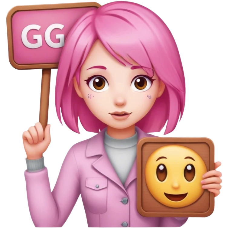 girl with pink hair, big sign, sign says GG emoji