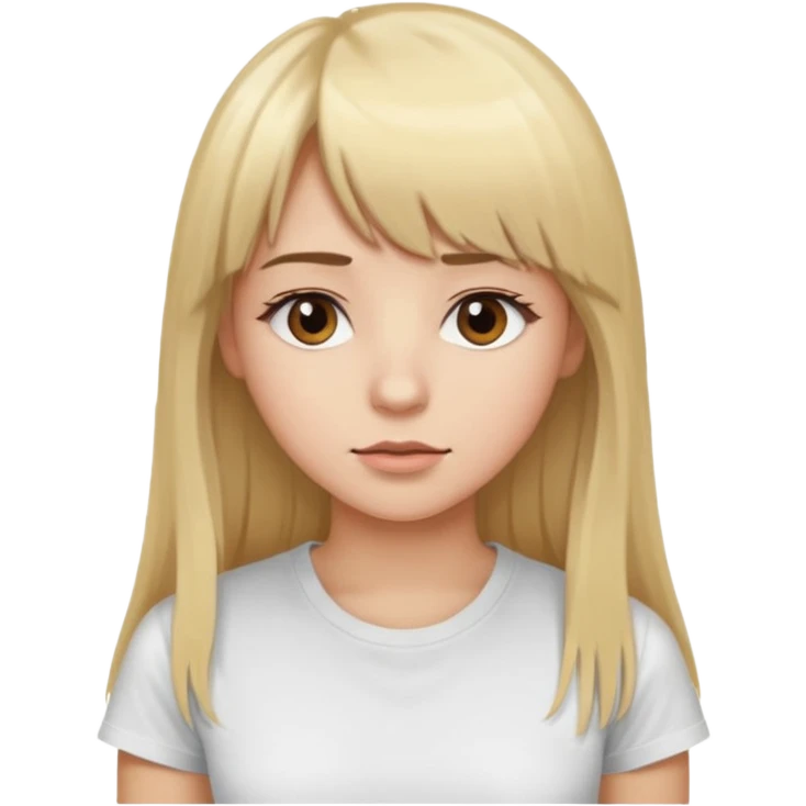 Woman with long blond hair and bangs, brown eyes with eyelashes, white T-shirt, looking to the left emoji
