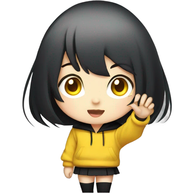 black short hair, yellow pupils, black hoodie, black short skirt, waving, chibi, anime emoji