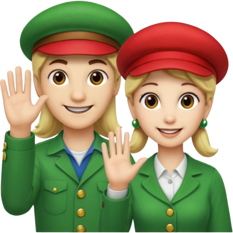 blonde female Luigi (with the Luigi green hat) and a normal brown hair male Mario with the red hat. They are friends! Maybe highfiving or just smiling emoji