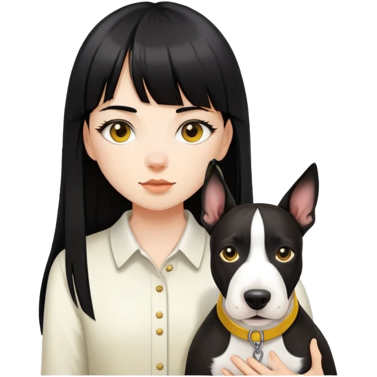 girl with long black  straight bangs hair and Springer and yellow bull terrier emoji