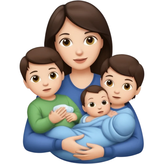 Brunette Mother holding a baby and two young sons, realistic  emoji