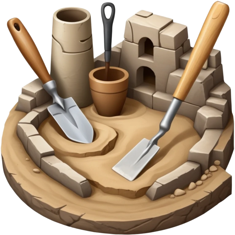 An icon showing an archaeologist’s tools: a trowel, brush, and a partially uncovered ancient artifact like a vase or tablet. The design includes a sandy excavation site with ruins in the background, symbolizing the discovery of past civilizations. Transparent background  emoji