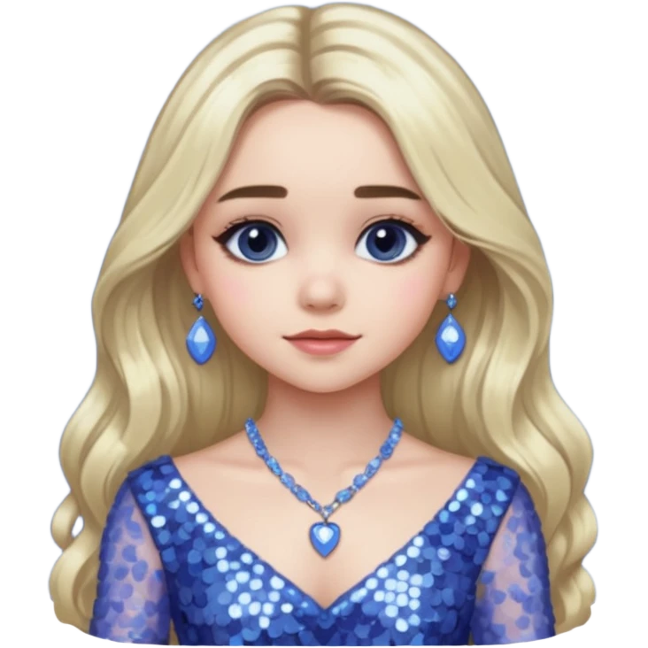 Sabrina Carpenter with long platinum blonde hair, periwinkle sequin dress and necklace emoji