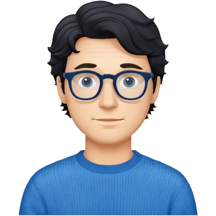 Caucasian male with wavy black hair wearing eyeglasses and a blue long sleeve pullover sweater emoji