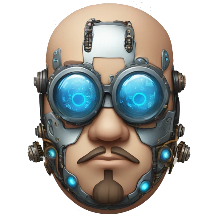 Fat bald cyborg head with blue steampunk goggles, brown beard and circuits emoji