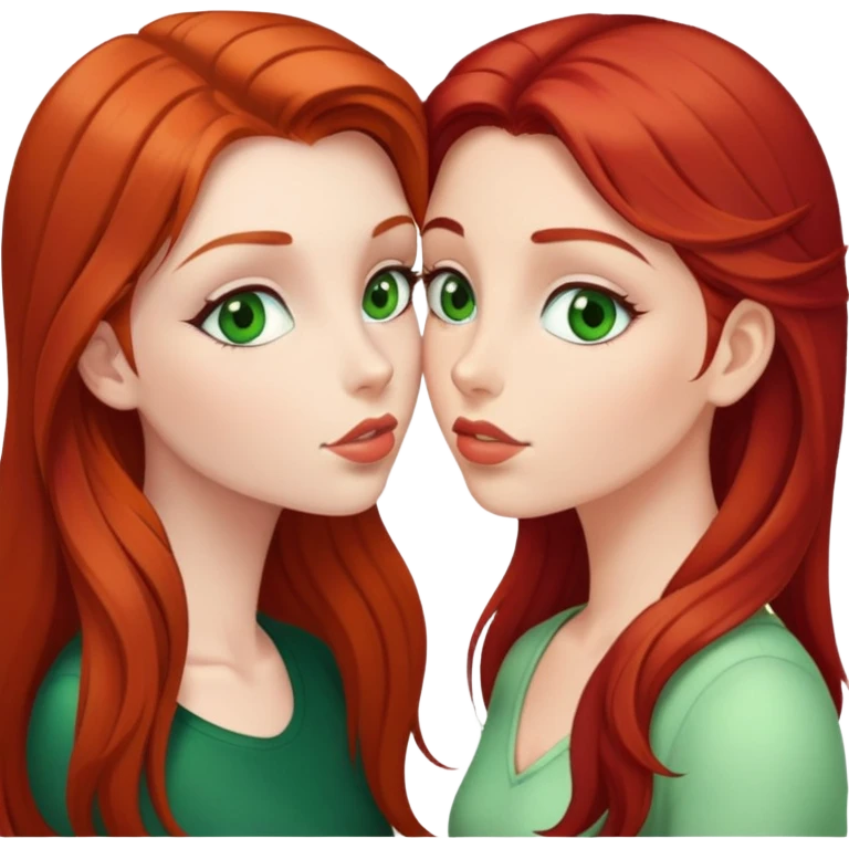 A red-haired girl with green eyes kisses a brunette with long hair emoji