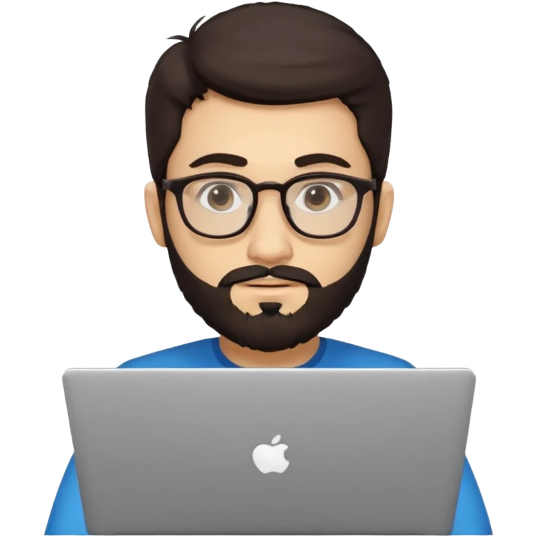 23 year old Azerbaijani man with very dark brown hair and beard with glasses and laptop , light yellow skin face, not european emoji