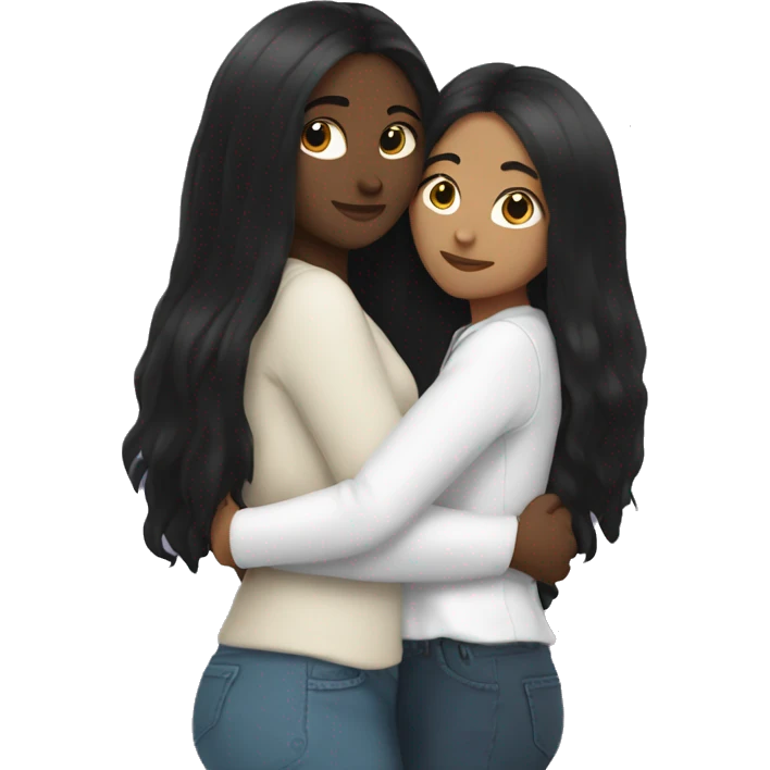 Lesbian with long black hair and white skin hugging her girlfriend from behind emoji